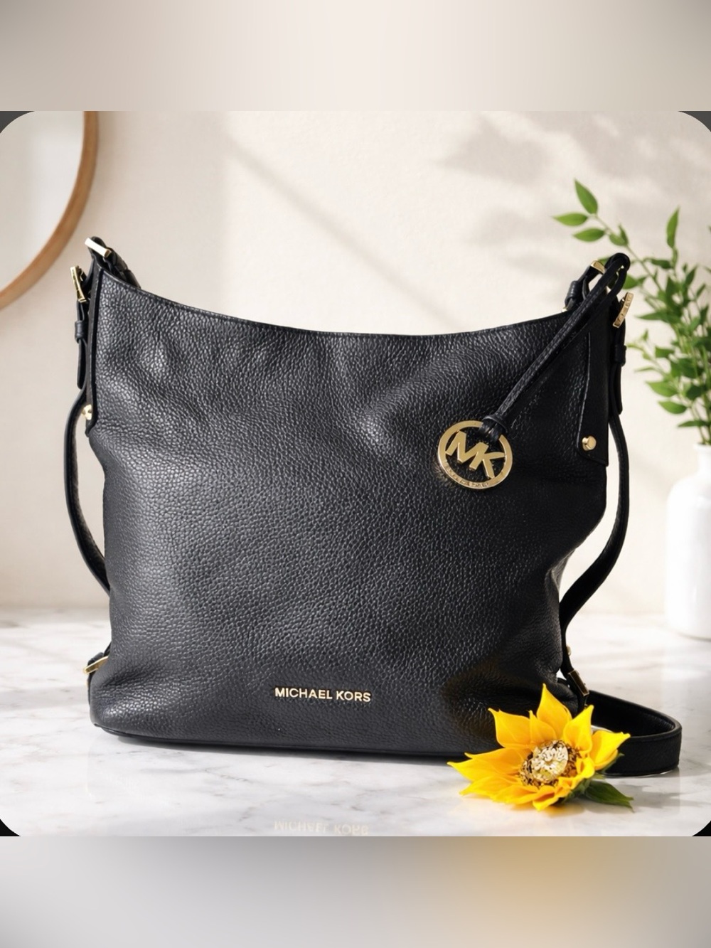 Michael Kors Black Pebbled Leather Shoulder Bag with Gold Hardware